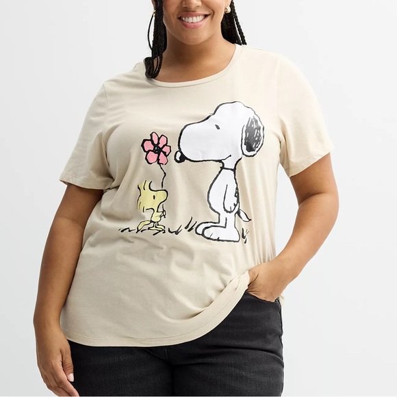 Peanuts Tops - Peanuts Snoopy Woodstock Flower Graphic T-Shirt Nostalgic Plus 1X Cute Casual